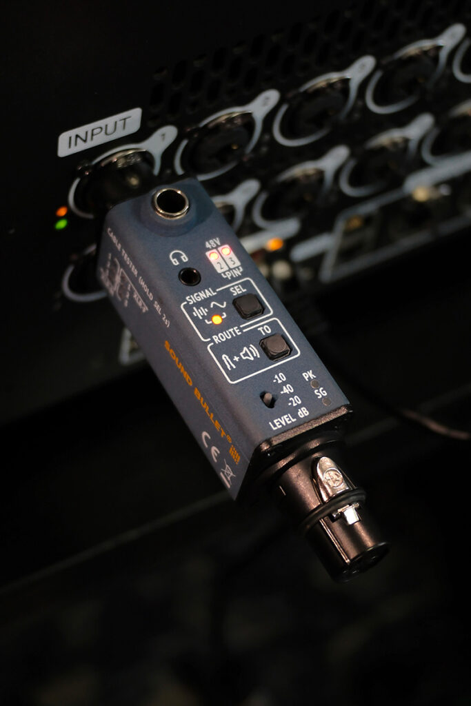 The Sonnect Sound Bullet showing +48V phantom power is present on the input during an audio line check