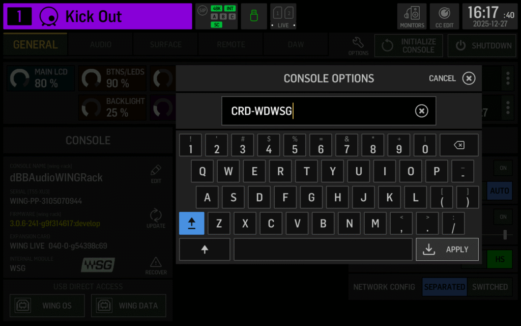 The Behringer WING Console Options screen accessed by holding UTILITY during boot when installing the Waves WSG-AoIP for the WING