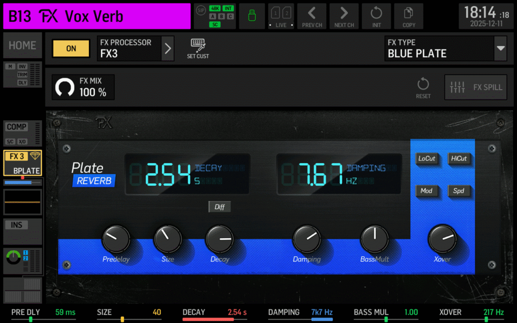 Blue Plate reverb parameters on the WING Vocal Reverb
