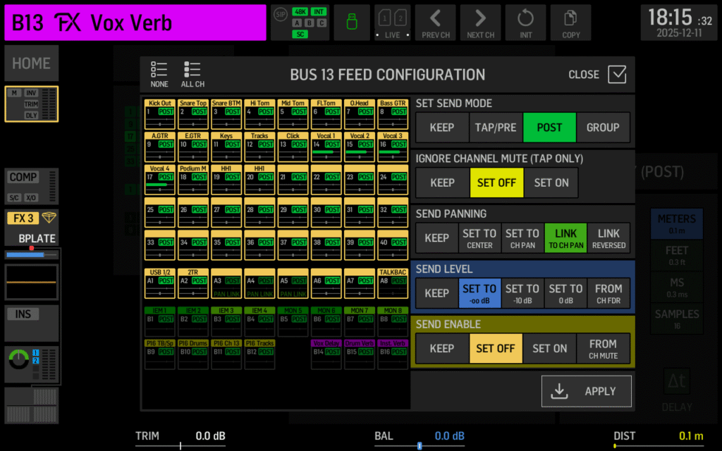 WING Vocal Reverb Bus feed configuration—note Post mode and pan linking enabled