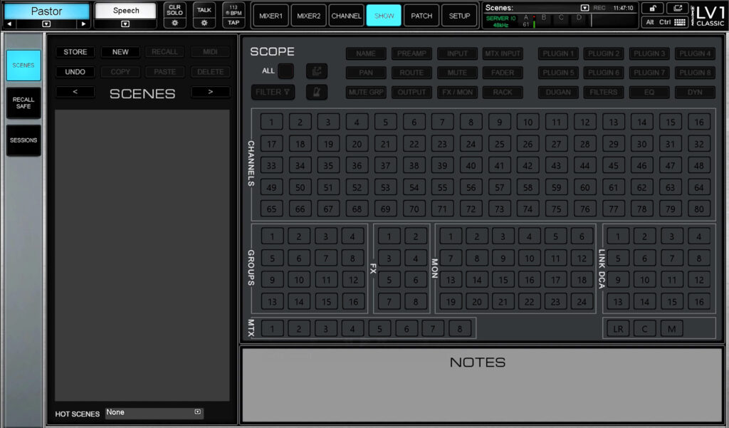 The Waves LV1 Scenes page with scope controls on the right