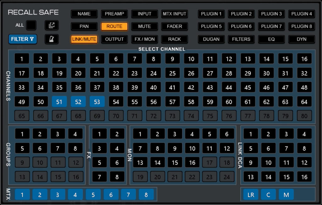 The Recall Safe page protects channels and parameters from all scene changes