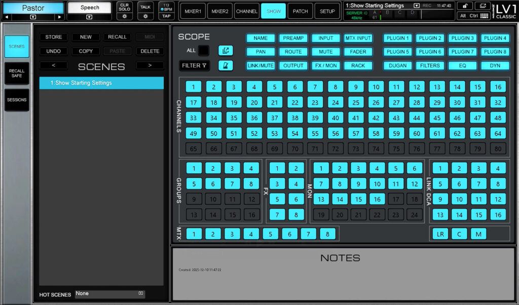 The Scope section controls what parameters and channels are included in scene recall