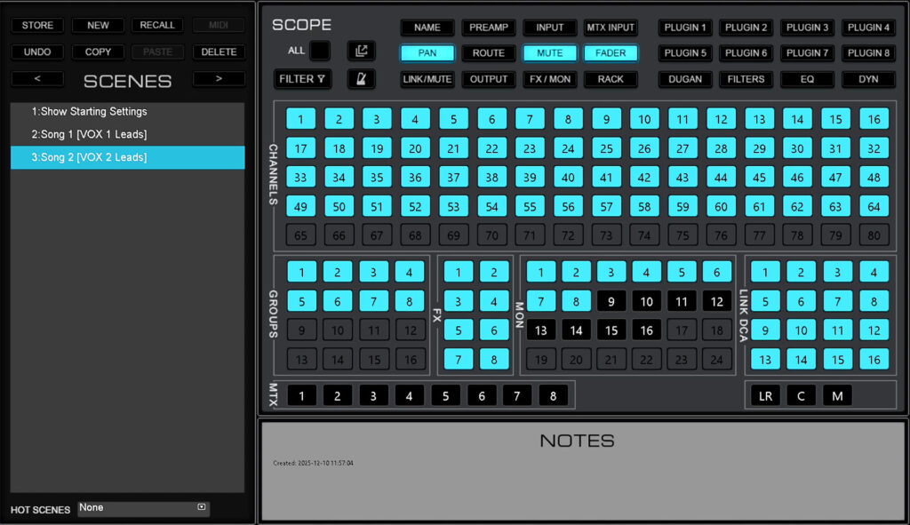 For song to song changes, select all of your mixing channels, and scope Pan, Mute and Fader