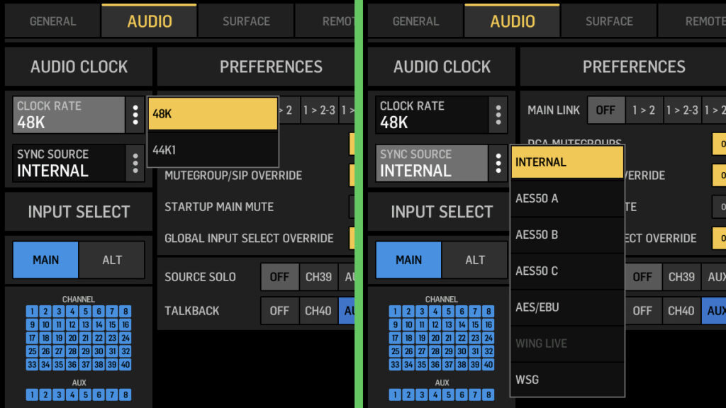 Behringer WING Sync and Clock Rate options inside of the Setup Audio Clock settings