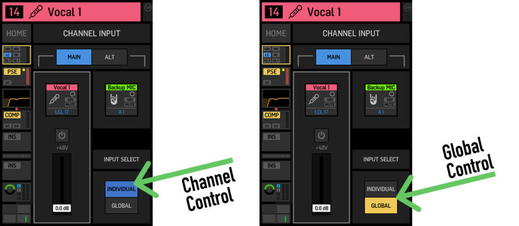 Behringer WING ALT Input Channel Input Select Setting - Set each channel to Individual (manual control) or Global (follows the SETUP → Audio toggle)