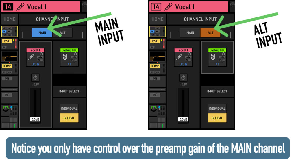 Behringer WING ALT Input Channel Input Setting - Swap between Main and ALT input on the channel's Preamp page. Note: you only have preamp gain control over the Main input.