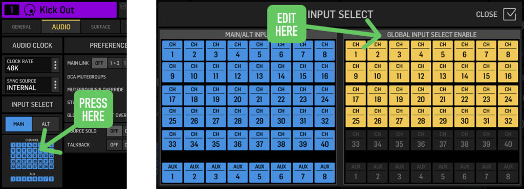 Behringer WING ALT Input Global Input Select Enable - Tap the channel grid, then enable the channels that you want to follow the global toggle on the right side in the 'Global Input Select Enable'