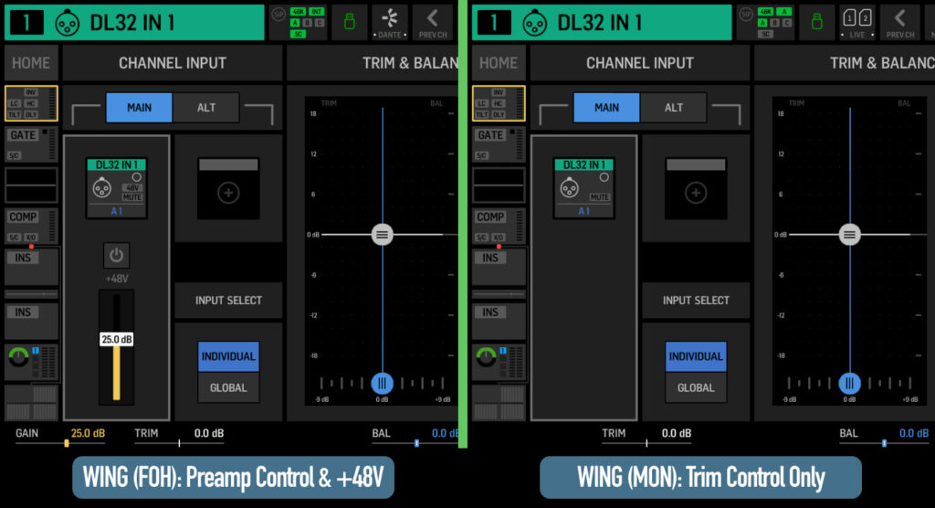 Preamp Gain Control - Left: WING #1 shows preamp gain control. Right: WING #2 shows trim adjustment only.