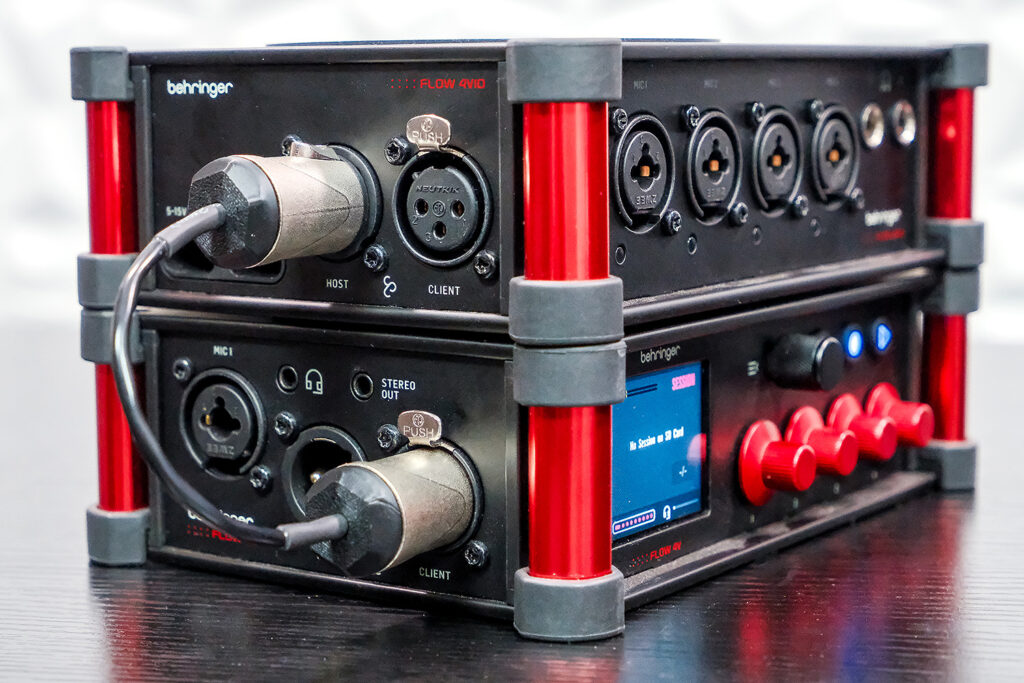 The Behringer Flow 4V and 4VIO connected via StageConnect - only one unit needs external power