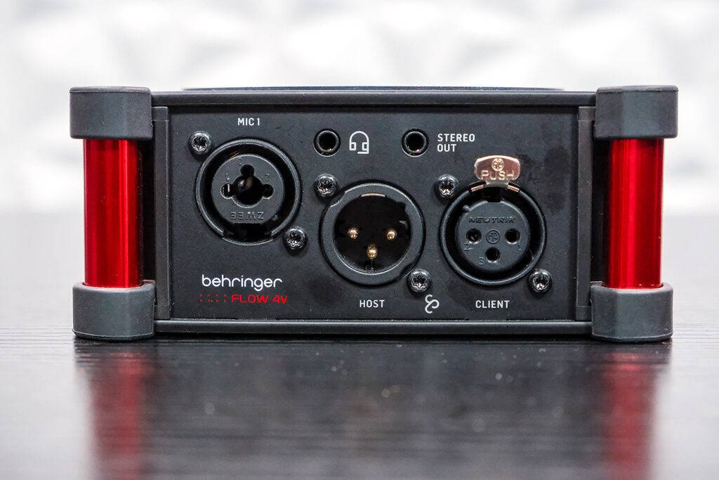 Behringer Flow 4V Left side panel: Input 1, headphone/talkback jack, stereo output, and StageConnect ports
