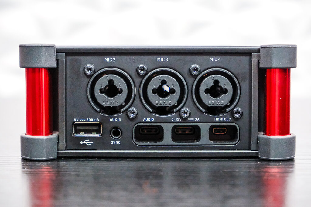 Flow 4V Right side panel: Inputs 2-4, USB-A backup port, AUX in, USB-C ports, and Micro-HDMI