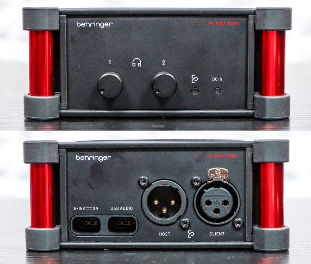 Behringer Flow 4VIO side panels showing USB-C ports, StageConnect ports, and dedicated headphone level knobs