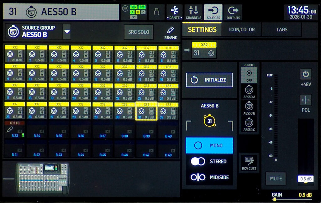 WING routing screen showing X32 inputs on AES50-A with remote gain control