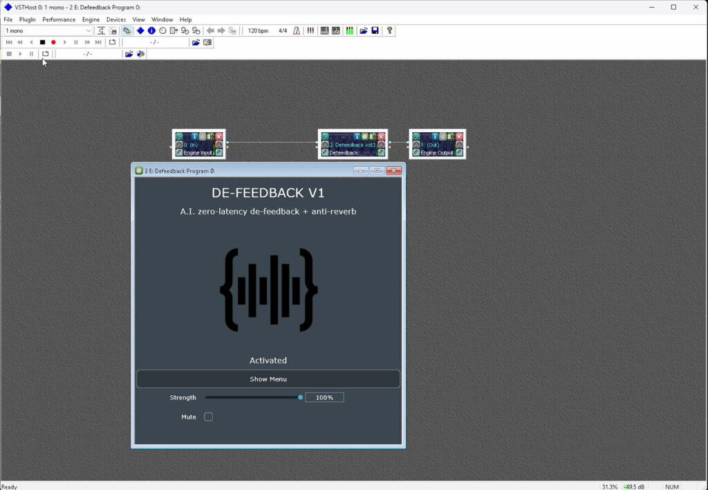 The Alpha Labs De-Feedback plugin running in VST Host on the Option 1.
