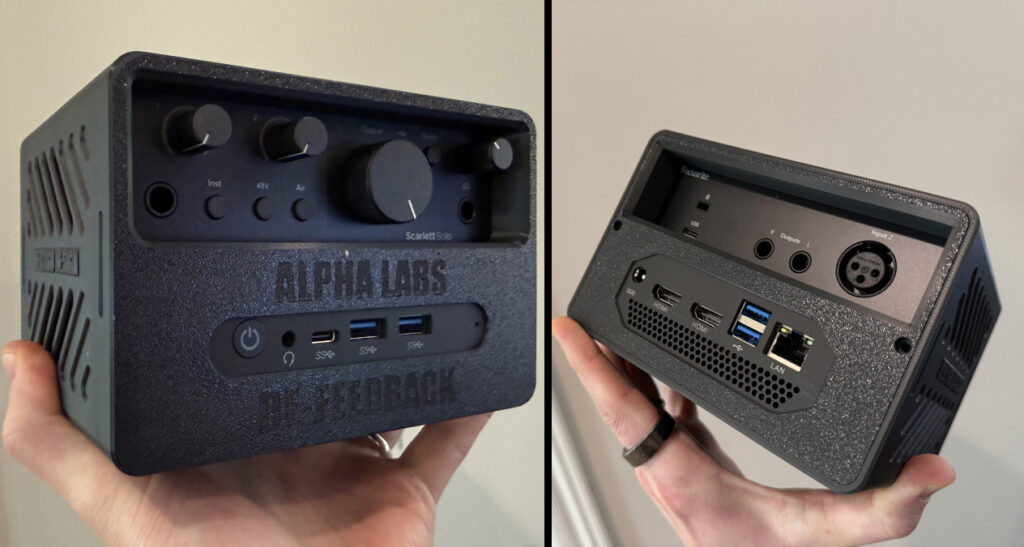 Alpha Labs De-Feedback Option 1 NUC mounted alongside the Focusrite Scarlett Solo 4th Gen in a 3D Printed case.