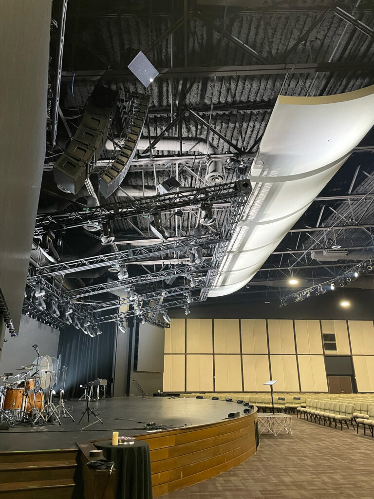 Church PA System Optimization - Original PA position. Note how far the speakers are from the front edge of the extended stage.