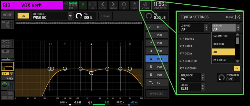 Behringer WING Effect Send EQ Settings for Vocal Reverb