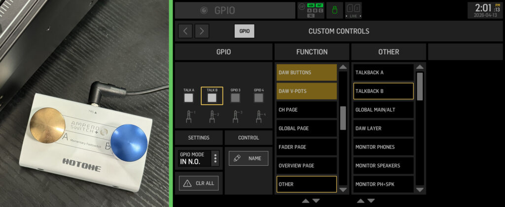 The Behringer WING GPIO configuration screen showing mode and function options.