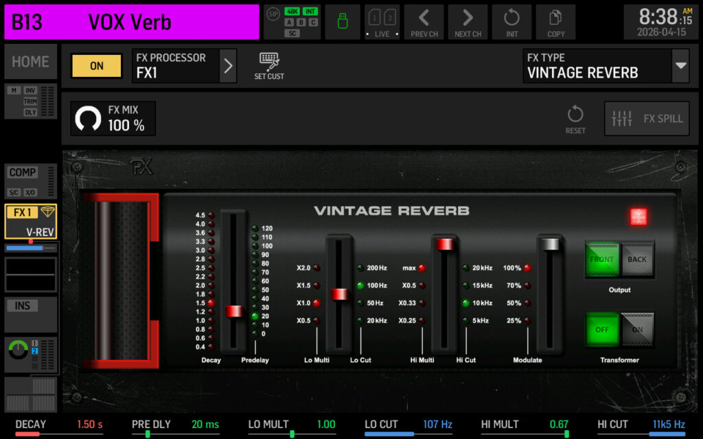 Vintage Reverb inserted on Mix Bus 13 for the Behringer WING Vocal Reverb.