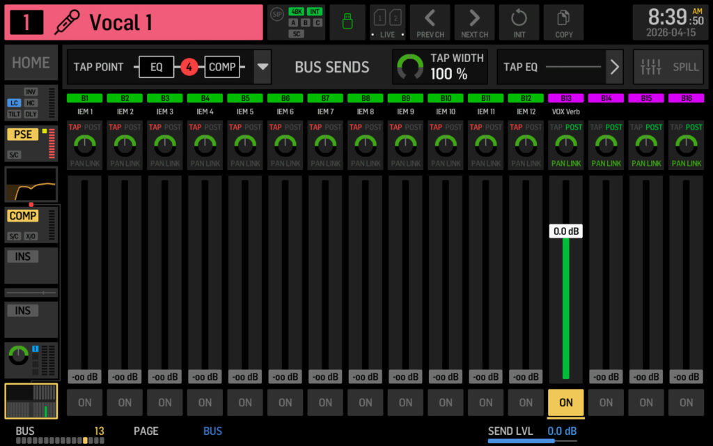 Sending from Channel 1 to the Behringer WING Vocal Reverb on Bus 13.