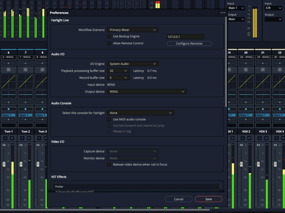 Playback processing buffer size options when settings Fairlight Live Latency with CoreAudio or ASIO